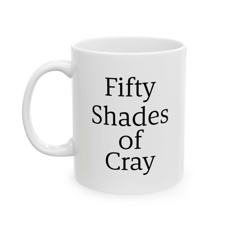 Fifty Shades of Cray funny crayon pun coffee mug with colorful crayon design printed on white ceramic mug